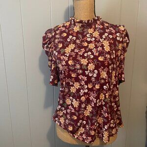 Cece Burgandy and Floral High Neck Blouse Size Large